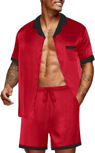 Ekouaer Men Satin Silk Pajamas Set with Pockets Sleepwear Shorts Satin Summer Loungewear 2 Piece Button Down Set S-XXL in Kuwait