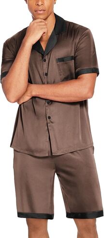 Ekouaer Men Satin Silk Pajamas Set with Pockets Sleepwear Shorts Satin Summer Loungewear 2 Piece Button Down Set S-XXL in Kuwait