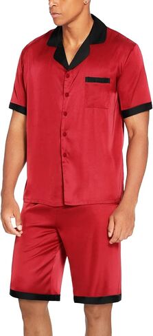 Ekouaer Men Satin Silk Pajamas Set with Pockets Sleepwear Shorts Satin Summer Loungewear 2 Piece Button Down Set S-XXL in Kuwait