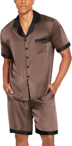 Ekouaer Men Satin Silk Pajamas Set with Pockets Sleepwear Shorts Satin Summer Loungewear 2 Piece Button Down Set S-XXL in Kuwait