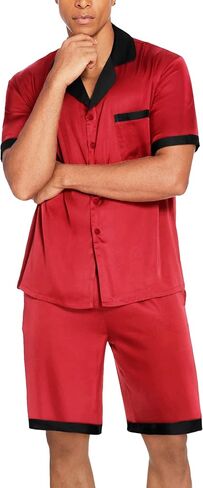 Ekouaer Men Satin Silk Pajamas Set with Pockets Sleepwear Shorts Satin Summer Loungewear 2 Piece Button Down Set S-XXL in Kuwait