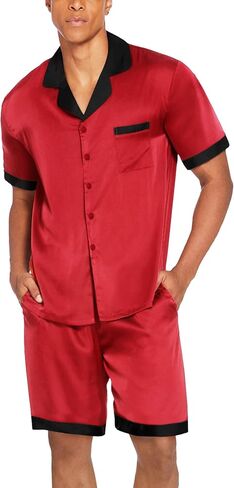 Ekouaer Men Satin Silk Pajamas Set with Pockets Sleepwear Shorts Satin Summer Loungewear 2 Piece Button Down Set S-XXL in Kuwait