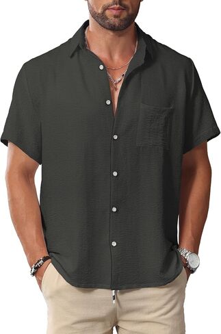 KYKU Summer Men Button Shirts - Casual Beach Short Sleeve Clothes - Fashion Lightweight Plain Clothing with Pocket in Kuwait