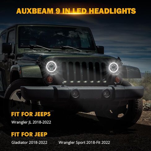 مصابيح أمامية LED مطورة من Auxbeam 2023 مقاس 9 بوصة مع حلقة هالة DRL وإشارة الانعطاف، متوافقة مع Jeep Wrangler JL Gladiator JT 2018-2023، مصباح أمامي مستدير مضاد للتوهج عالي/منخفض الشعاع in Kuwait