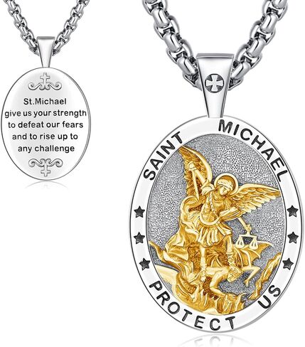 Oval St Michael Medal Necklace for Men Women, 925 Sterling Silver Patron Saint of Courage and Protection Medal Pendant Amulet Religious Jewelry Gifts in Saudi Arabia