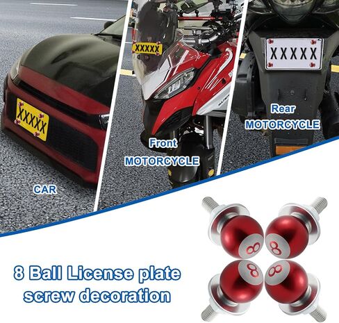 8 Ball License Plate Screw Fasteners Kit Billiards License Plate Bolts Decoration Stainless Steels Aluminum Alloy Universal Fit Most Cars Truck Motorcycle 4 Pcs (Red) in Kuwait