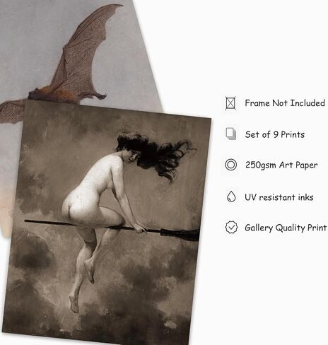Whaline 9Pcs Dark Academia Wall Art Prints Vintage Wall Decor Witch on Broomstick Floral Skull Gothic Home Decor Wall Art for Halloween Gallery Wall Home Living Room Bedroom Decor (UNFRAMED) in Saudi Arabia