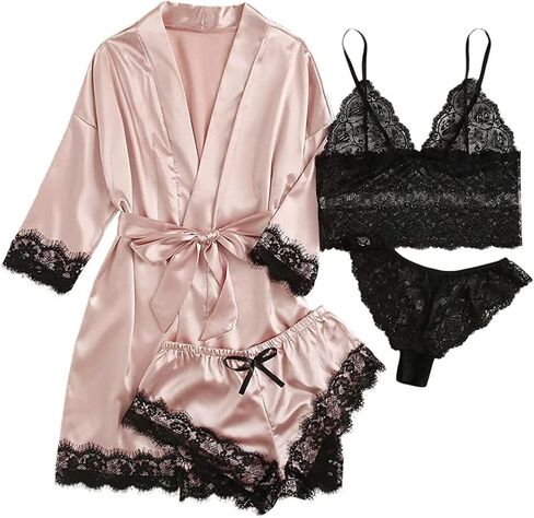 EUBUY 4 Pieces Women Nightgown Set, Lace Women Nightgown with Robe, Soft Comfy Pajamas Sleepwear Nightwear for Women Red in Kuwait