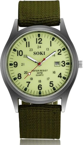 JewelryWe Men's Military Green Dial Nylon Strap Quartz Calendar Wrist Watch Night Vision Luminous Wristwatch for Christmas in Kuwait