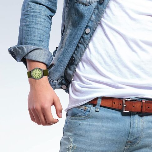 JewelryWe Men's Military Green Dial Nylon Strap Quartz Calendar Wrist Watch Night Vision Luminous Wristwatch for Christmas in Kuwait