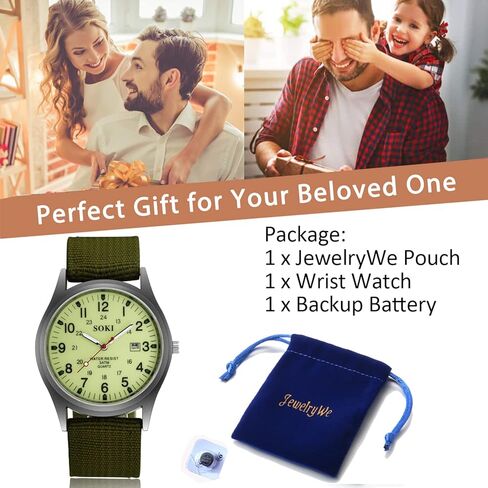 JewelryWe Men's Military Green Dial Nylon Strap Quartz Calendar Wrist Watch Night Vision Luminous Wristwatch for Christmas in Kuwait