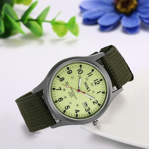 JewelryWe Men's Military Green Dial Nylon Strap Quartz Calendar Wrist Watch Night Vision Luminous Wristwatch for Christmas in Kuwait