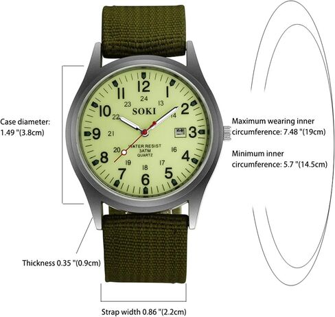 JewelryWe Men's Military Green Dial Nylon Strap Quartz Calendar Wrist Watch Night Vision Luminous Wristwatch for Christmas in Kuwait