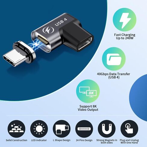 محول مغناطيسي USB C 240 وات، محول USB C مغناطيسي 24 دبوس مستقيم مع PD 240 وات USB4 40 جيجابت في الثانية نقل البيانات 8K 60 هرتز فيديو لـ Thunderbolt 3/4، iPhone 15 MacBook Pro/Air، PS5 PSVR2، أسود in Saudi Arabia