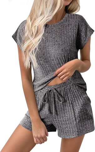 Ekouaer Pajamas for Women Ribbed Knit Lounge Set Cap Sleeve Top and Shorts Loungewear Sleepwear with Pockets S-XXL in Saudi Arabia