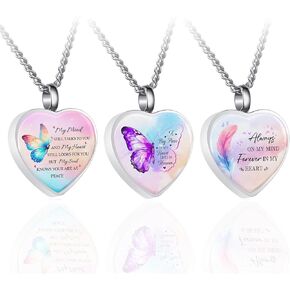 RIPFEVURN 3pcs Cremation Jewelry Heart Butterfly Urn Necklaces for Ashes for Women Stainless Steel Glass Urn Locket for Human Ashes Holder Memorial Keepsake Pendant