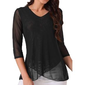 Seta T Women's Mesh Tops 3/4 Sleeve V Neck Blouse Asymmetrical Hem Double Layer Tunic Shirt Casual Tops