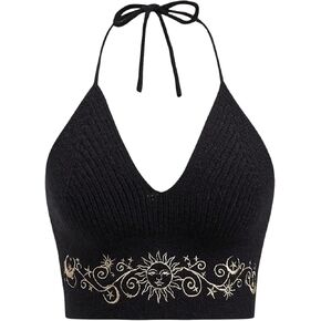 SHENHE Women's Y2K Hippie Halter Tie Sleeveless Backless V Neck Knitted Crop Tank Tops