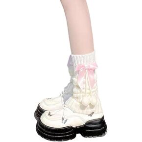 GORGLITTER Women's 2 Piece Bowknot Fuzzy Ball Decor Leg Warmers Cable Knit Lolita Winter Stockings