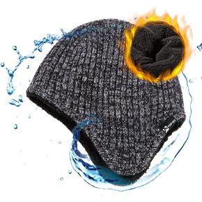 TOP-EX Oversized XL/XXL Merino Wool Blend Waterproof Earflap Beanie Fleece Lined Hat Winter Skull Cap