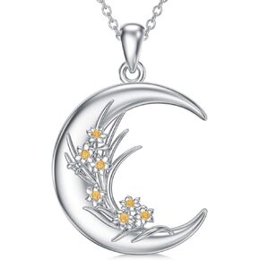 OCJ Birth Month Flower Necklace 925 Sterling Silver Moon Birth Flower Necklaces for Women Birth Flower Jewelry Silver Christmas Birthday Gifts for Women Wife Mom Grandma