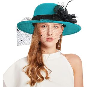 Women Wide Brim Bowler Church Hat 1920s Retro Felt Fedora Cap Wool Blend Floral Fascinator Hat with Veil