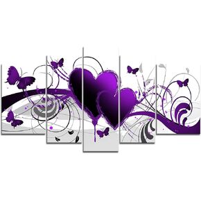 Yeawin Purple Love Butterfly Wall Art Purple Heart The Picture Print On Canvas 5 Panels Modern Abstract Artwork The Canvas for Home Living Dining Room Kitchen(Wrapped Canvas Wall Art,Ready to Hang)