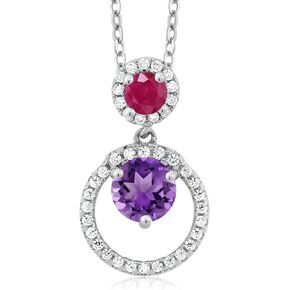 Gem Stone King 925 Sterling Silver Purple Amethyst and Red Ruby Pendant Necklace For Women (1.95 Cttw, Gemstone February Birthstone, Round 6MM and 4MM)