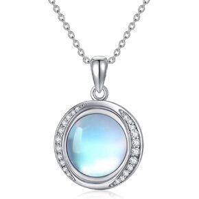 Moonstone Necklace Real 925 Sterling Silver Round Authentic Rainbow Moonstone Necklaces for Women Retro Genuine Moonstone Jewelry for Valentine's Day Christmas