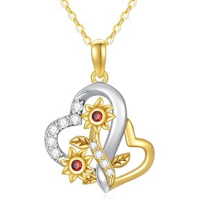 Solid 14K Gold Double Heart Necklace for Women,White/Yellow Gold Moissanite Sunflower Necklaces | You are My Sunshine,Mothers Day Birthday Love Jewelry Gifts for Wife Mom 16"-18" (Style-1)
