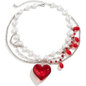 Layered Chunky Puffy Heart Choker Necklace Cute Y2k Necklace Red Crystal Heart Necklace Big Heart Pendant Necklace Pearl Heart Necklace Dopamine Necklace for Women