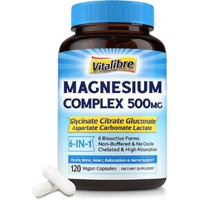 Magnesium Complex 500mg, 6 in 1 Chelated Magnesium Glycinate, Citrate, Aspartate, Gluconate, Carbonate & Lactate, Max Absorption Supplement for Sleep, Calm & Muscle, 120 Vegan Caps, No Magnesium Oxide