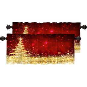 Christmas Tree Golden Kitchen Valances Window Curtain, Red and Gold Glitter Christmas Tree Blackout Decoration Small Window Valances Curtains Drapes for Kitchen Bedroom, 52 X 18 Inch