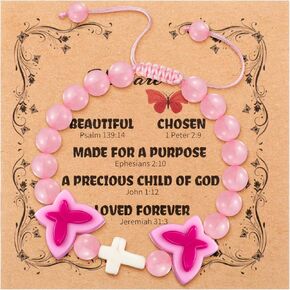 Butterfly Cross Bracelet for Teens Girls with Card First Communion Gifts for Daughter Pink Crystal Bracelet for Baptism Confirmation Christian Trendy Birthday Butterfly Gifts