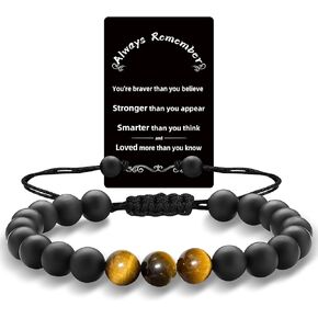 Bracelets for Men, Tiger Eye Bracelet for Men, Men's Link Bracelets with Metal Wallet Card for Anniversary, 8MM Natural Stone Beads Bracelet for Christmas, Black Matte Agate Tiger Eye