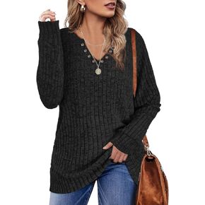 بلايز نسائية موضة خريف 2023 سويت شيرت للنساء سترات قمصان طويلة الأكمام رقبة على شكل حرف V ملابس للسيدات بلوزات غير رسمية أنيقة تونيك عصري أسود كبير in Kuwait