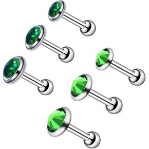 6pc 3mm/4mm/5mm Opal Gem & CZ Crystal Surgical Steel 16g Ear Cartilage Stud Tragus Helix 6mm Bar Earring Daith Conch Body Piercing