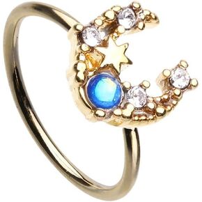 Pierced Owl 20GA Gold Plated Stainless Steel CZ Crystal Crescent Moon with Blue Opalite Bendable Nose Ring