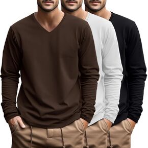 Ficerd 3 Pack Men's Big and Tall Shirts Cotton V Neck Long Sleeves Plus Size Casual Oversized Basic Tee Shirts Tops