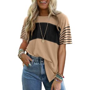 Dokotoo Short Sleeve Summer Tops Oversized 2025 Trendy Crew Neck Casual Color Block Womens Shirts Blouses