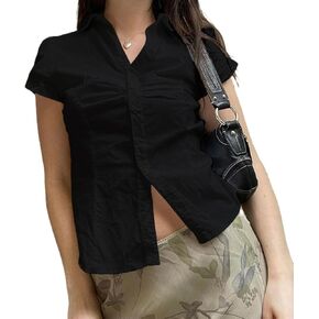 Women Y2k Coquette Button Down Shirt Cute Preppy Cap Sleeve V Neck Slim Fit Crop Top Casual 90S Vintage Blouse