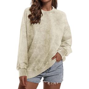 Oversized Vintage Crewneck Sweatshirt For Women Cotton Distressed Acid Wash Pullover Solid Color Long Sleeve Shirts