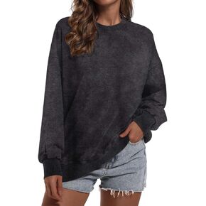 سويت شيرت نسائي كبير الحجم بياقة دائرية من القطن بلوفر مغسول بالحمض بلون سادة وأكمام طويلة in Kuwait