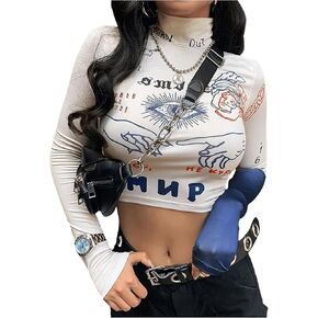 GORGLITTER Women's Graphic Tee Crop Top Long Sleeve Mock Neck Slim Fit T Shirts