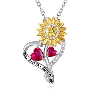 Sunflower Heart Birthstone Necklaces for Women，925 Sterling Silver You Are My Sunshine Pendant Necklaces，Mother's Day Birthday Anniversary Valentines Day Jewelry Gifts for Wife