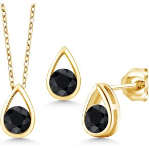 Gem Stone King 18K Yellow Gold Plated Silver 5MM Round Gemstone Birthstone Teardrop Pendant Earrings Set | Jewelry Set for Women | With 18 Inch Chain