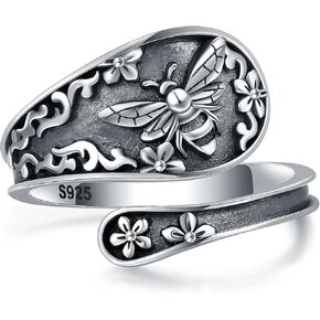 خاتم ملعقة عتيقة من الفضة الإسترلينية عيار 925 قابل للتعديل للنساء - مجوهرات عتيقة على شكل نحلة أوبال عباد الشمس وطائر الطنان ومجوهرات كاردينال لعيد الميلاد وعيد الحب وعيد الأم للأم وابنتها والزوجة in Kuwait