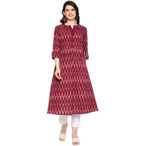 Stylish Maroon Cotton Ikat Yarn Dyed Kurta with White Linen Pant for Women | A-Line Cotton Kurti with Trouser