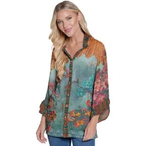 John Mark Women's Mix Print Button Front Top with Three Quarters Ruffle Detail Sleeves, Floral Multi