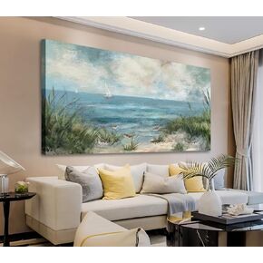 Sea Beach Canvas Wall Art Vintage Seascape Canvas Prints Wall Decor Ocean Sailboat Sandpiper Canvas Pictures Beach Bird Canvas Painting Artwork for Living Room Bedroom Office Decoration 24" X 48"